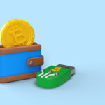 3D render showing a Bitcoin coin, a digital wallet, and a hardware USB wallet, representing beginner-friendly crypto wallet options for 2025.