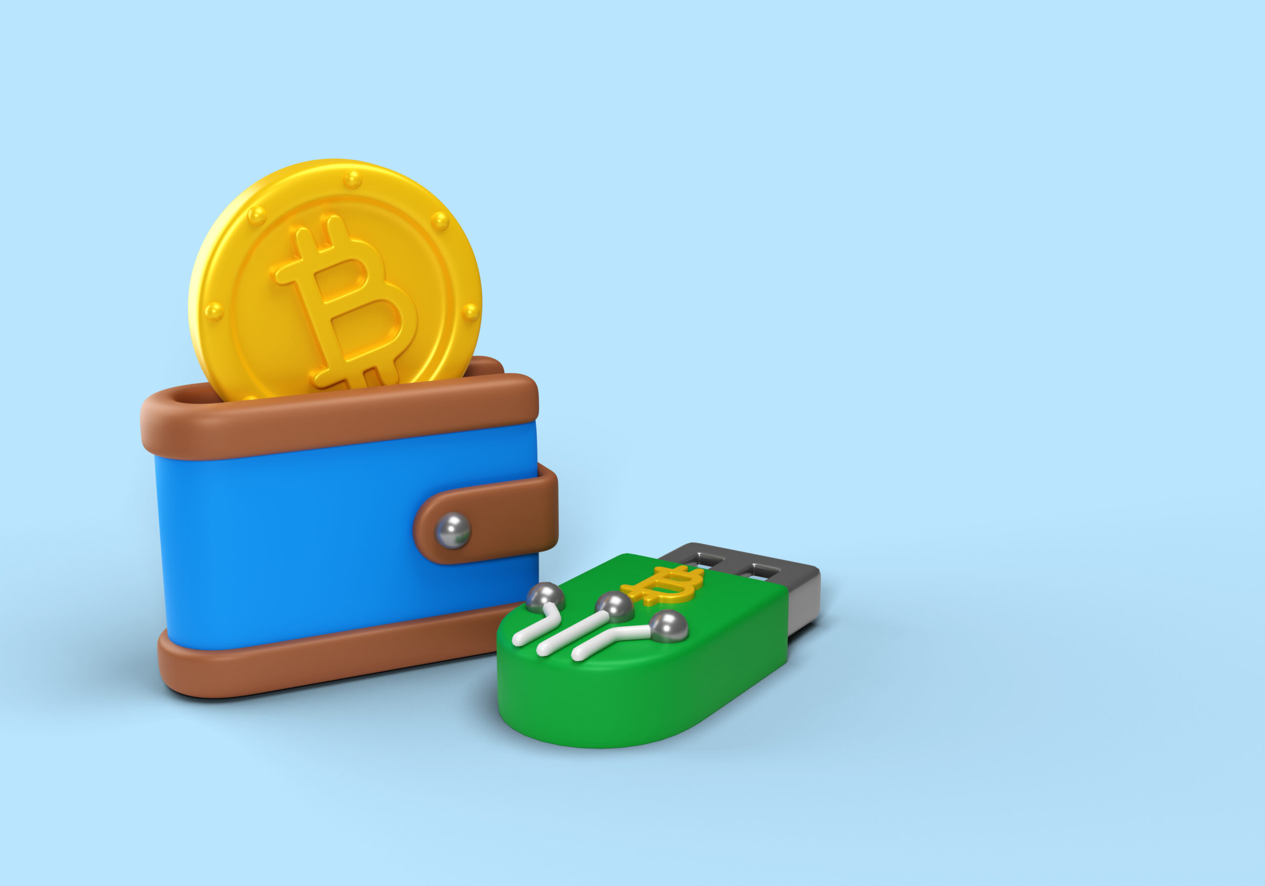 3D render showing a Bitcoin coin, a digital wallet, and a hardware USB wallet, representing beginner-friendly crypto wallet options for 2025.